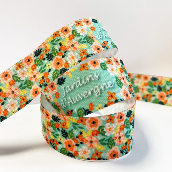 Ruban sublimé avec motif fleurs pour le packaging, l'emballage, la décoration, Projet sur mesure de ruban personnalisé fabriqué en France